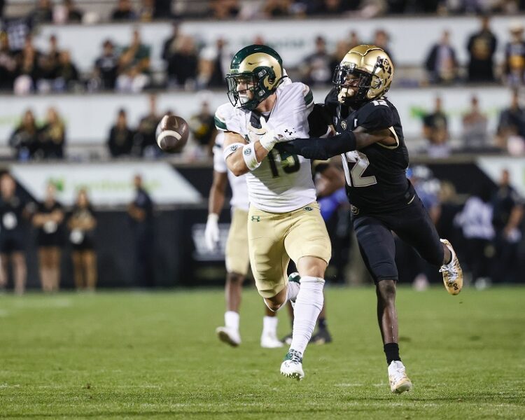 September 16, 2023: Colorado Buffaloes cornerback Travis Hunter (12) can't quite catch up to the ball while Colorado State Rams linebacker Brandon Hickerson-Rooks (15) defends in the football game between Colorado and Colorado State in Boulder, CO. Hickerson-Rooks was called for interference on the play. Derek Regensburger/CSM. (Credit Image: © Derek Regensburger/Cal Sport Media) (Cal Sport Media via AP Images)