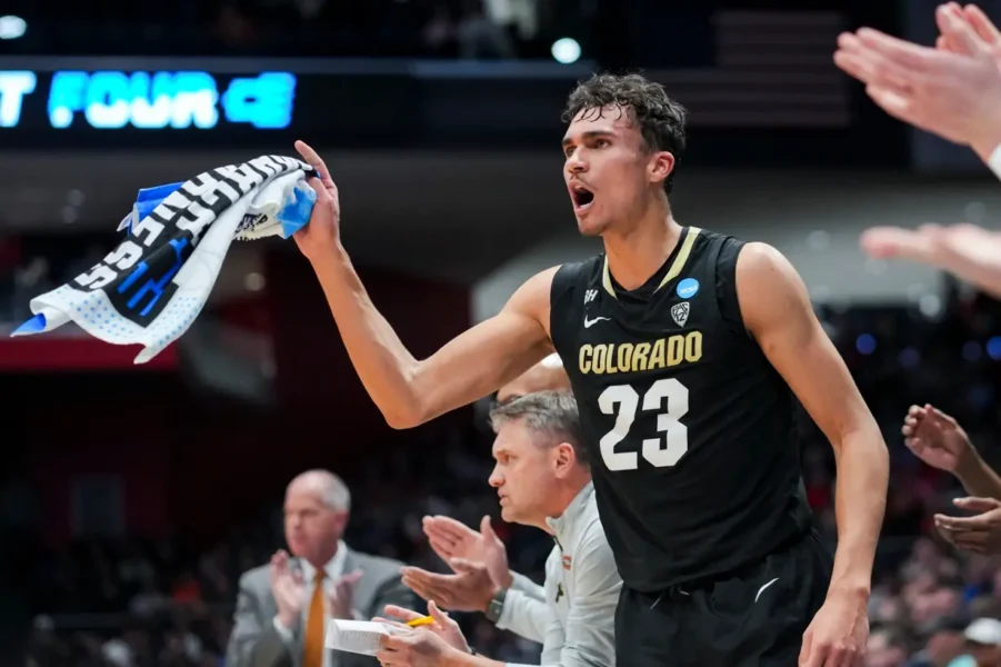 Colorado forward Tristan da Silva reacts from the bench during the second half of the team's First Four game against Boise State in the NCAA men's college basketball tournament Wednesday, March 20, 2024, in Dayton, Ohio. (AP Photo/Aaron Doster)